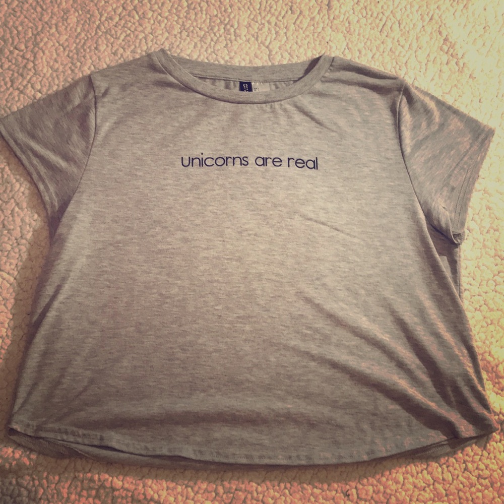 Flowy, gray, long crop top, “unicorns are real”